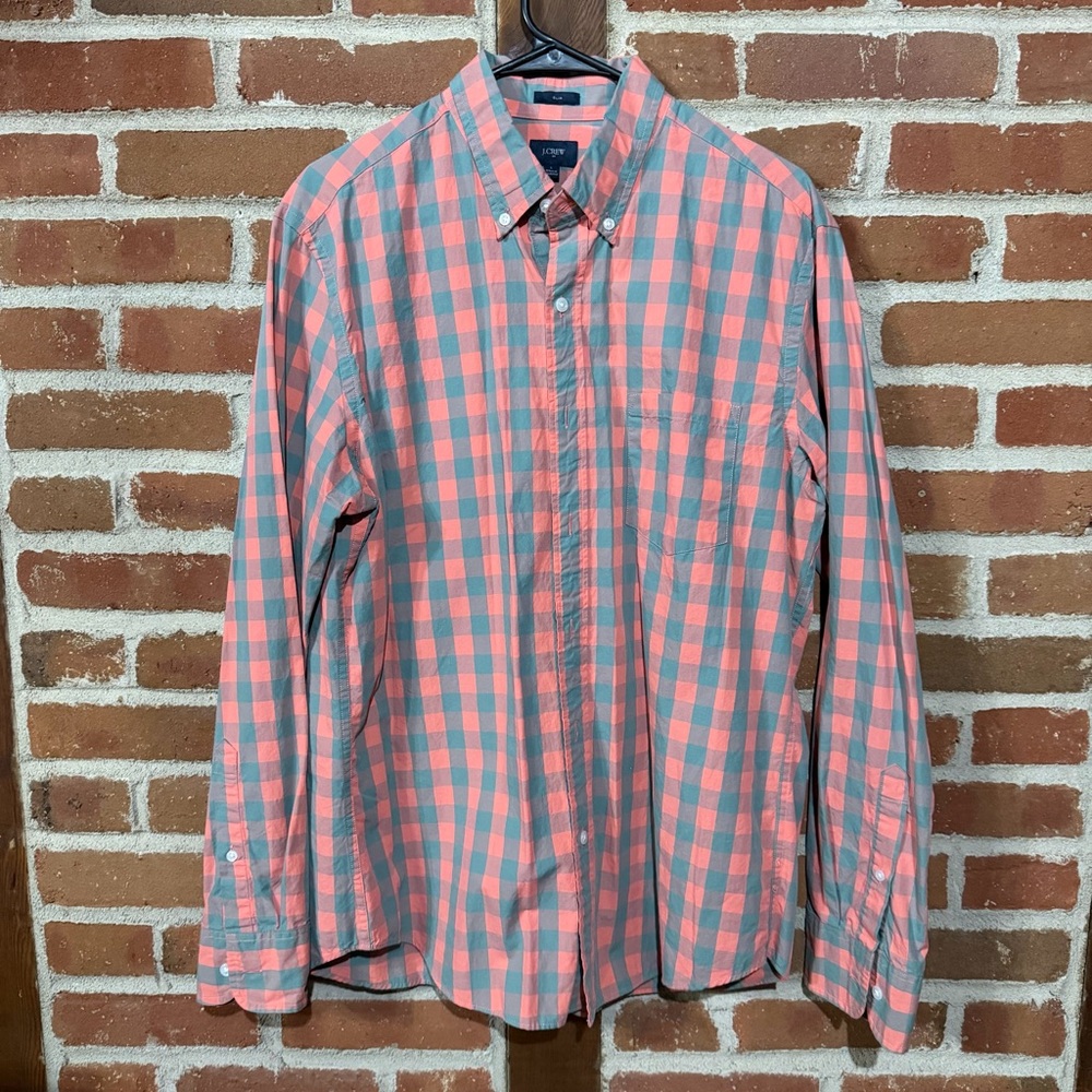 J. Crew Men's Casual Checkered Shirt - Coral and Teal